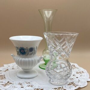 3 Vintage small Bud vases - Wedgewood, Crystal & Green Glass